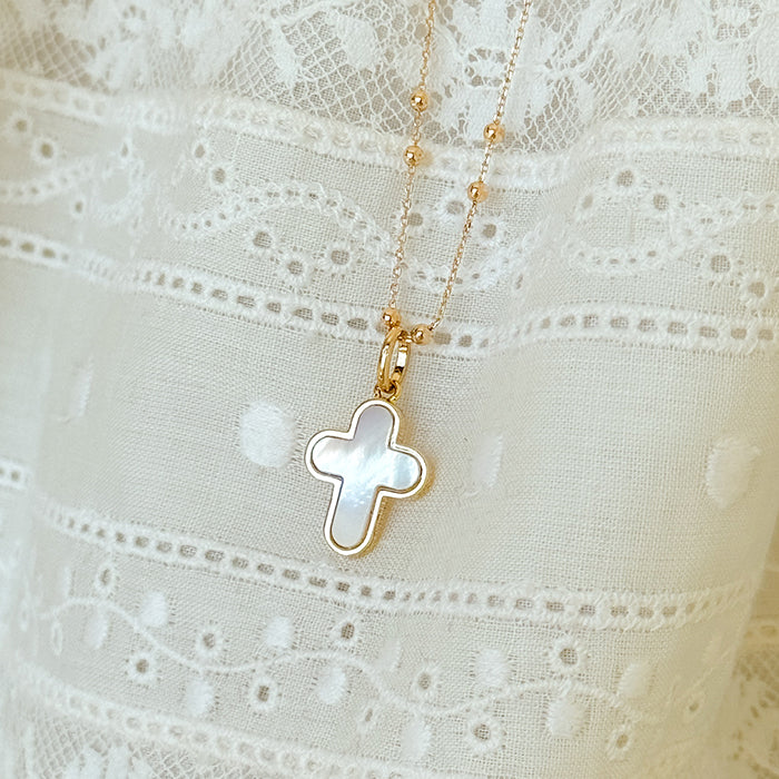 Collar Cruz oro y nácar cadena bolitas 42cm Personalizado HOPS regalo para niños bautizo comunion