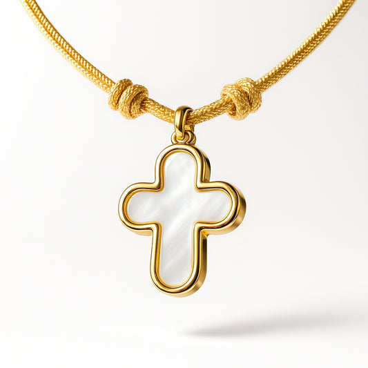 Collar Religioso Cruz oro y nácar con cordón Personalizado HOPS regalo para comunión