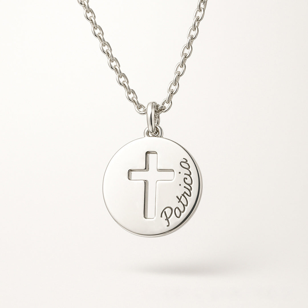 Collar Colgante Redonda Cruz calada plata con cadena Personalizado HOPS regalo para mujeres y comunión