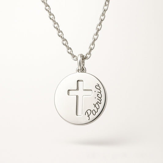 Collar Colgante Redonda Cruz calada plata con cadena Personalizado HOPS regalo para mujeres y comunión