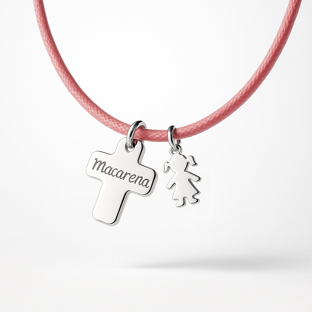 Collar Cruz plata con niña adicional cordón Personalizado HOPS regalo para niñas y comunión