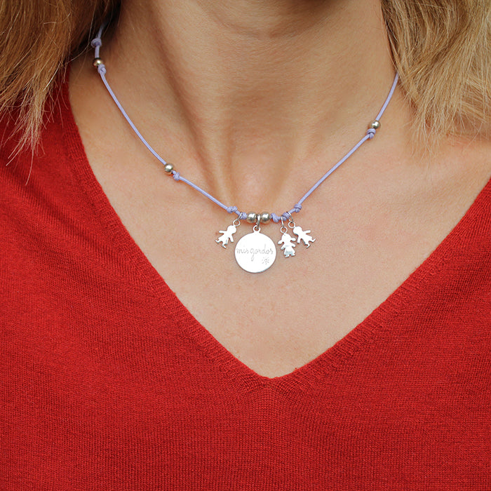 Collar Familia plata cordón lila 2mm Personalizado HOPS regalo para día de la madre