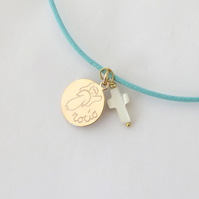 Collar Redonda oro cordón con cruz nácar Personalizado HOPS regalo para niñas comunión