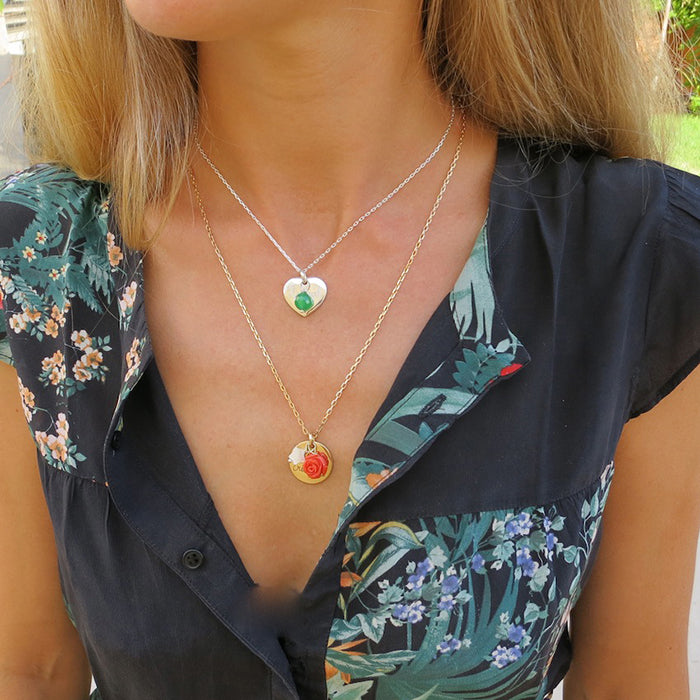 Collar Sidonie Corazón plata con ágata verde cadena 42cm y collar Sidonie Redonda oro con flor coral cadena 55cm Personalizado HOPS regalo para mujeres y adolescentes
