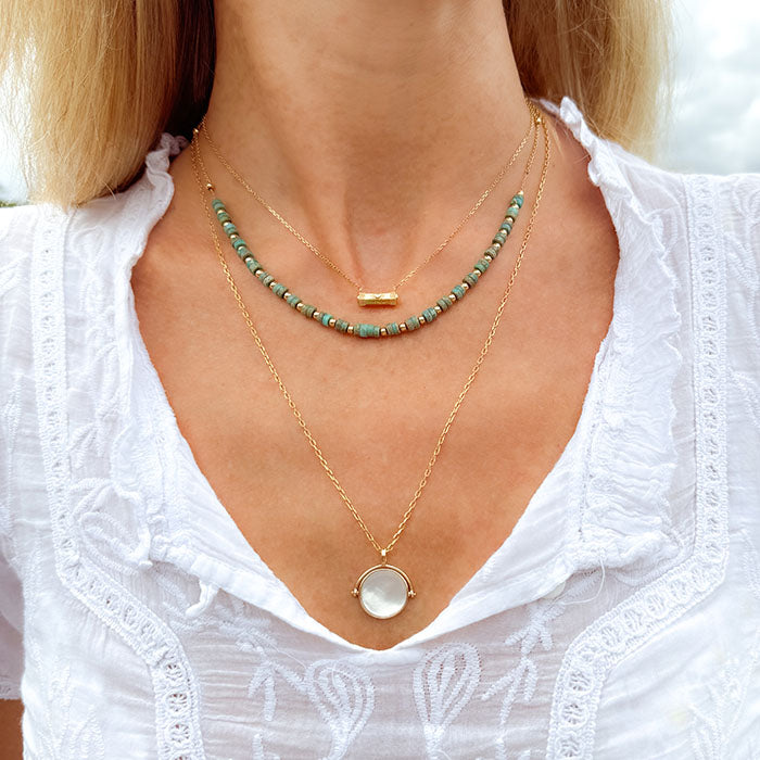 Collar Amuleto cadena, Collar Turquesa con cadena bolitas, Collar Giratorio Madre perla cadena 55cm Personalizado HOPS regalo para mujeres día de la madre