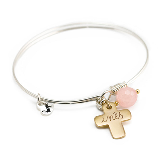 Pulsera Muelle Cruz oro con cuarzo rosa Personalizado HOPS regalo para mujeres niñas comunión