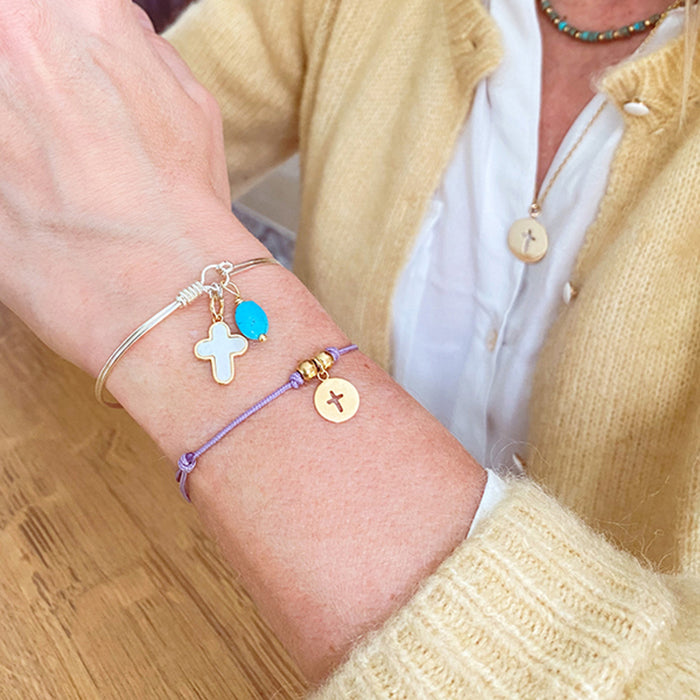 Pulsera Cruz calada pequeña oro cordón y Pulsera Muelle con Cruz oro y nácar turquesa Personalizado HOPS regalo para mujeres y comunión
