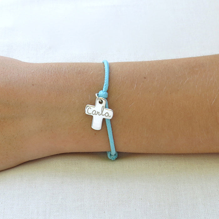 Pulsera Cruz plata cordón 2mm turquesa PErsonalizado HOPS regalo para niñas comunión