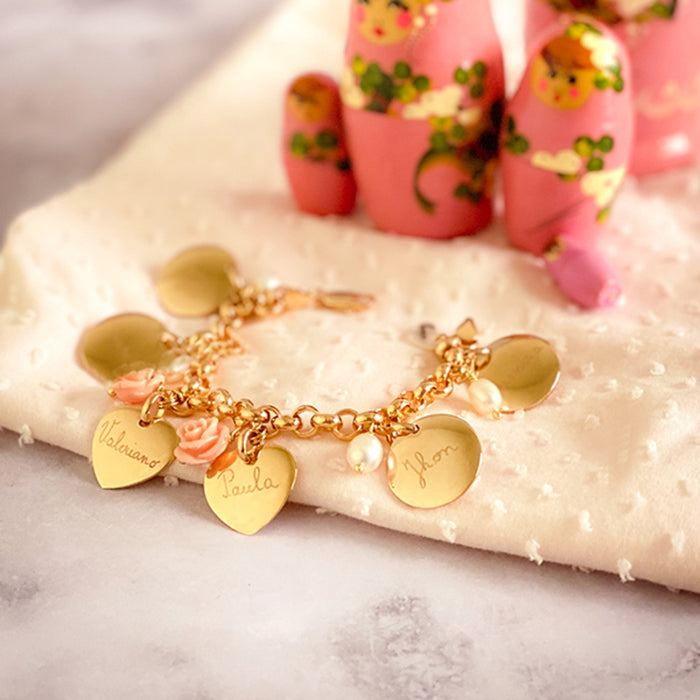 Pulsera Maille Charms Sidonie  oro cierre mosquetón con rosa coral y perlas Personalizado HOPS regalo para mujeres día de la madre san valentín
