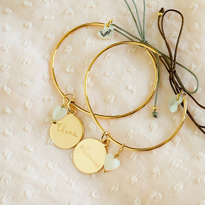 Pulsera Personalizado Aro Nina oro con corazón nácar cordón seda verde gris y marón HOPS regalo para mujeres y adolescentes