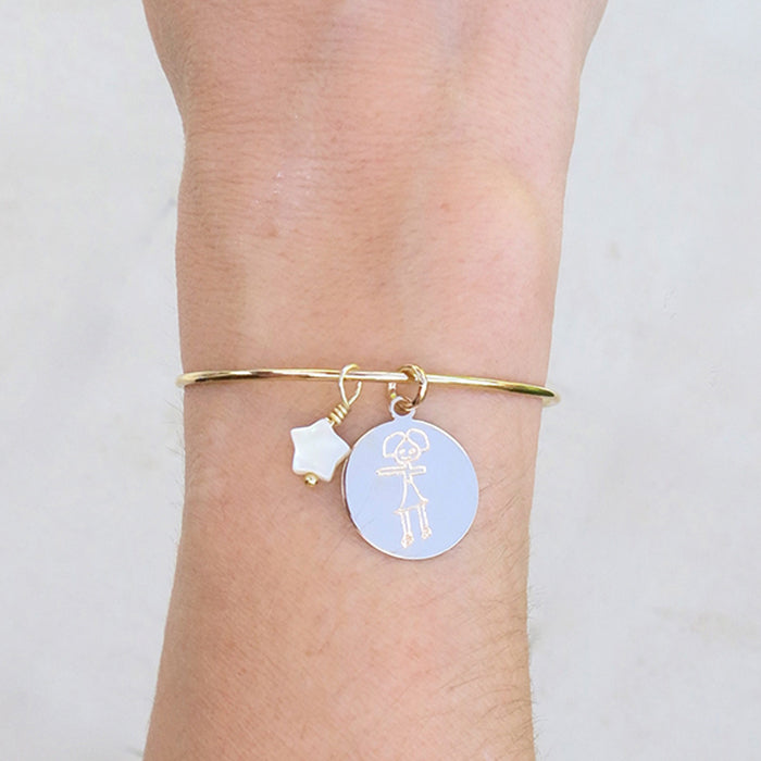 Pulsera Personalizado Aro Nina oro grabado dibujo con estrellita nácar HOPS regalo para mamá día de la madre
