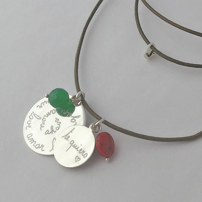 Collar Olympia plata con nina redonda ágata verde y coral rojo cordón Personalizado HOPS regalo para mamá día de la madre y profesores