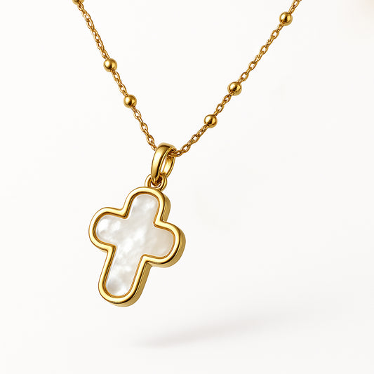 Collar Cruz oro y Nácar cadena bolitas 42cm Personalizado HOPS regalo para mujeres bautizo comunión
