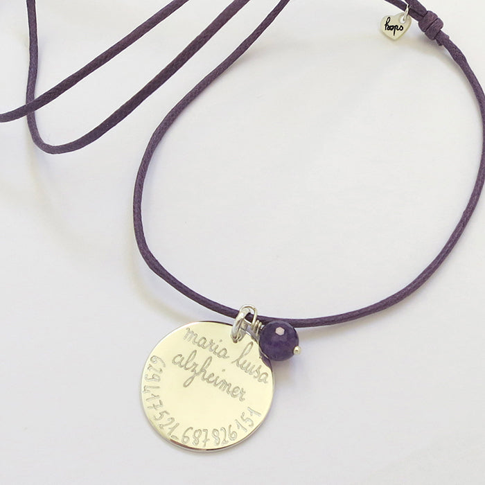 Collar Saphir plata cordón morado con amatista Personalizado HOPS regalo para mamá