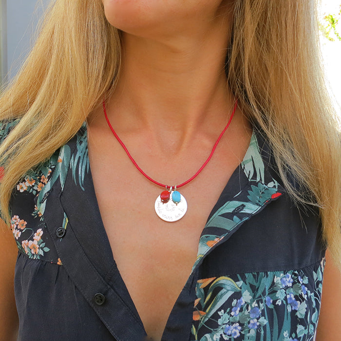 Collar Saphir plata cordón rojo con coral rojo y turquesa Personalizado HOPS regalo para mujeres y profesores