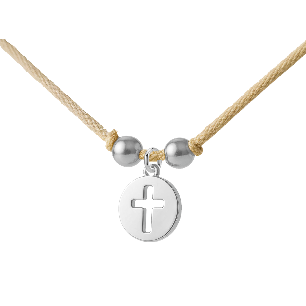 Collar Cruz Calada pequeña plata cordón beige Personalizado HOPS regalo para mamá niñas adolescentes comunión