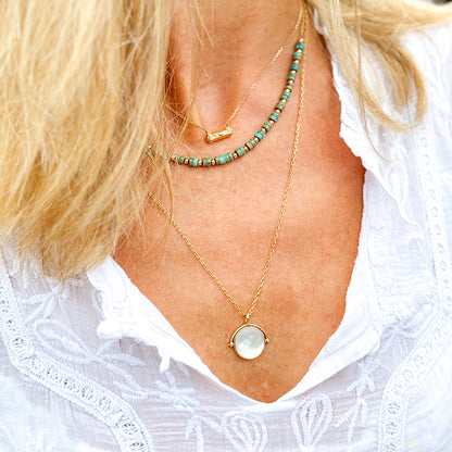 Collar Amuleto cadena, Collar turquesas y cadena de bolitas oro, y Collar Colgante Giratorio Madre y Perla cadena 55cm Personalizado HOPS regalo para mujeres día de la madre profesoras