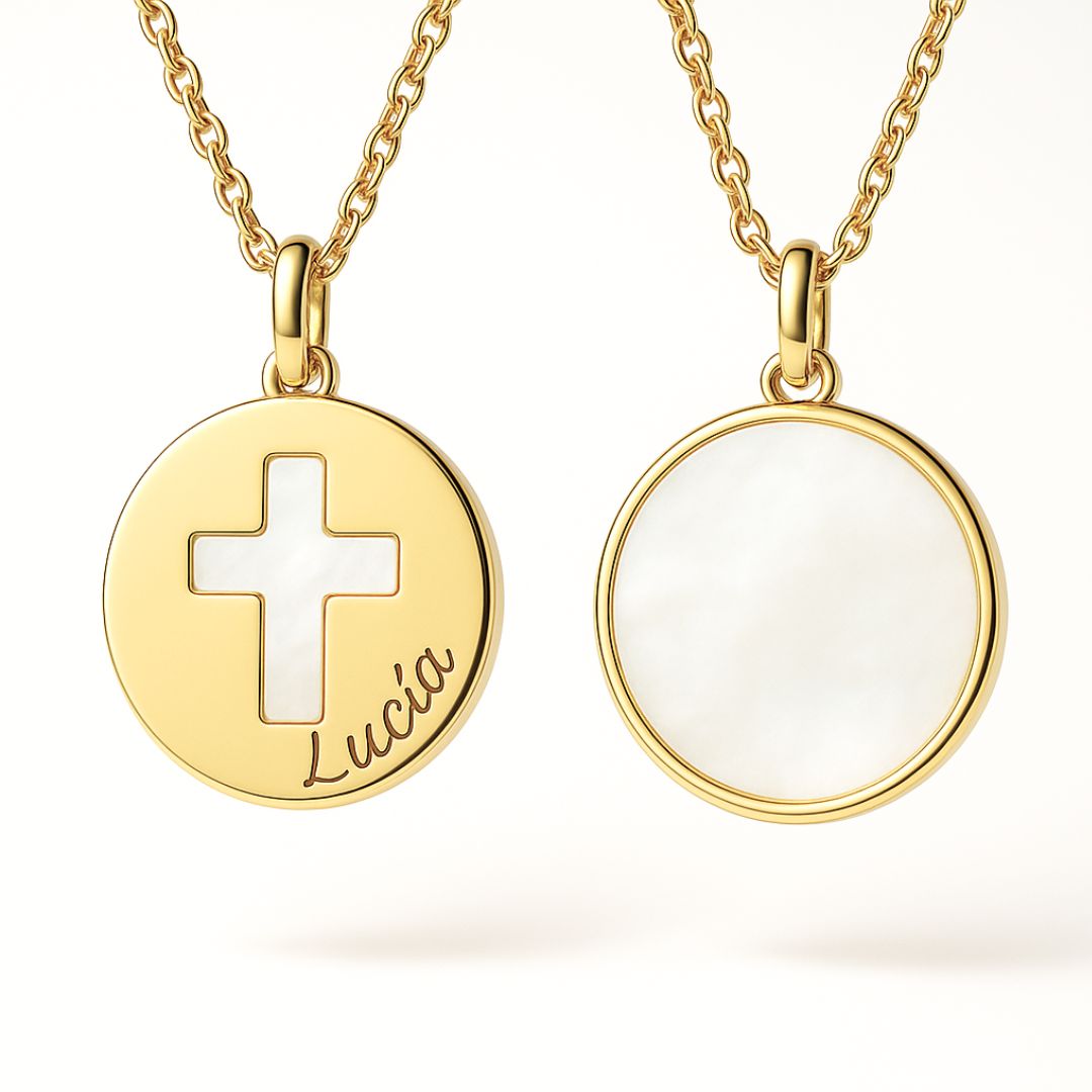 Collar Colgante Religiosa Cruz oro y nácar Personalizado HOPS regalo para mujeres niños comunión 