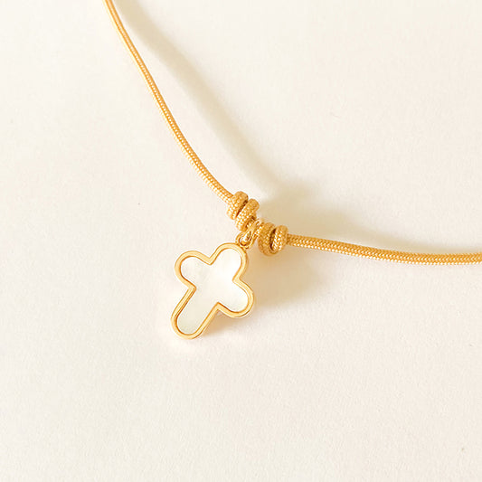 Collar Religioso Cruz oro y nácar con cordón Personalizado HOPS regalo para comunión