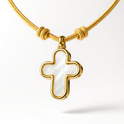 Collar Religioso Cruz oro y nácar con cordón Personalizado HOPS regalo para comunión