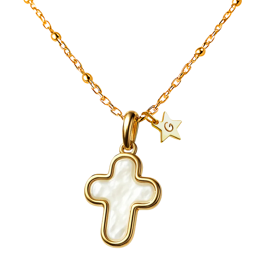 Collar Religioso con cruz de oro y nácar personalizable