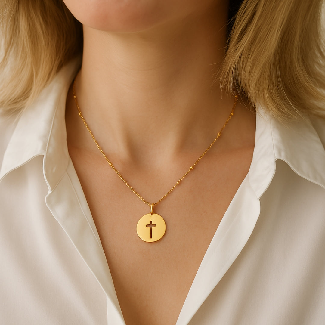 Collar Colgante Redonda Cruz calada plata con cadena Personalizado HOPS regalo para mujeres y comunión 