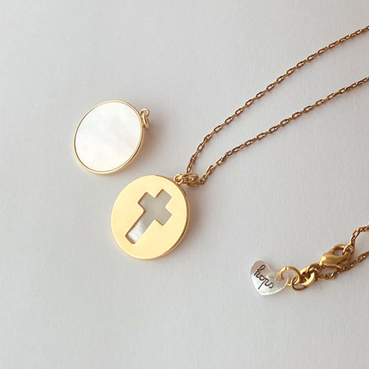 Collar Colgante Religiosa Cruz oro y nácar Personalizado HOPS regalo para mujeres niños comunión 