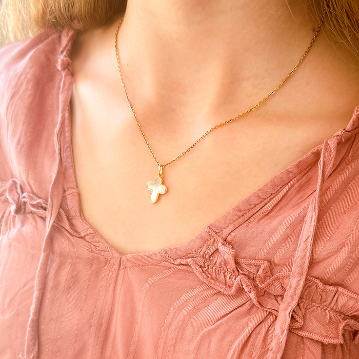 Collar Cruz oro y nácar con cadena 42cm Personalizado HOPS regalo para adolescentes y comunión