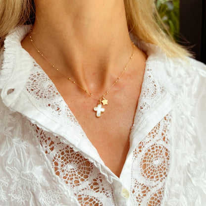 Collar Cruz oro y nácar con estrellita adicional con cadena bolitas Personalizado HOPS regalo para mujeres y comunión