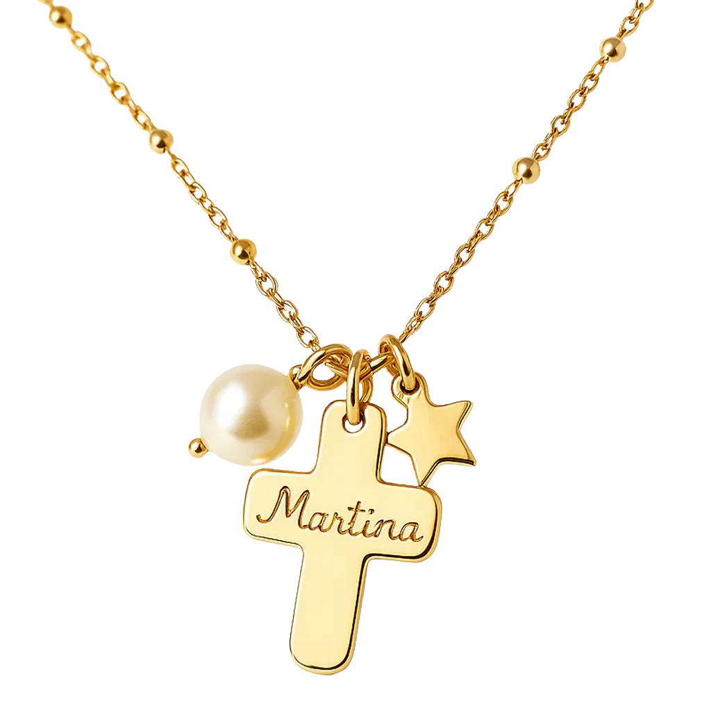 Collar Cruz con medallita estrella y perla cadena bolitas 42cm oro Personalizado HOPS regalo para mamá y comunión 
