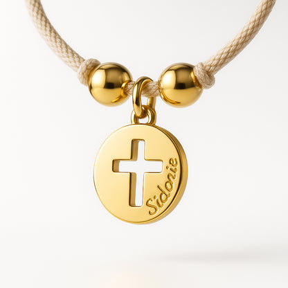 Collar Cruz Calada pequeña oro cordón beige Personalizado HOPS regalo para mamá niñas adolescentes comunión
