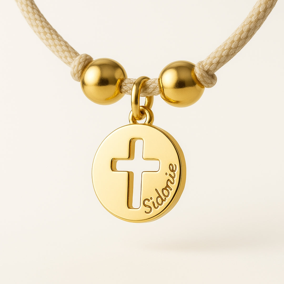 Collar Colgante Redonda Cruz calada oro con cordón Personalizado HOPS regalo para adolescentes y comunión