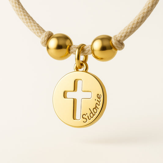 Collar Colgante Redonda Cruz calada oro con cordón Personalizado HOPS regalo para adolescentes y comunión