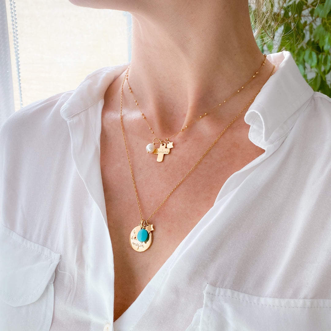 Collar Cruz con medallita estrella y perla cadena bolitas y Collar Sidonie con medallita estrella y turquesa cadena 55cm Personalizado HOPS regalo para mamá y comunión