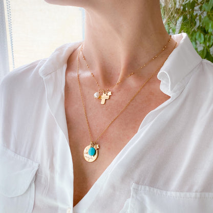 Collar Cruz con medallita estrella y perla cadena bolitas y Collar Sidonie con medallita estrella y turquesa cadena 55cm Personalizado HOPS regalo para mamá y comunión
