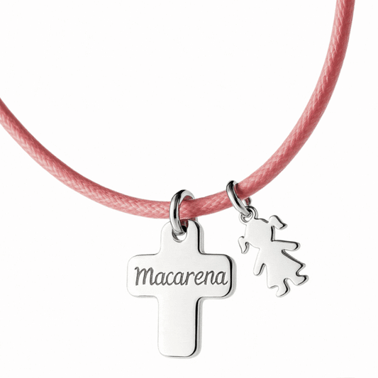 Collar cruz personalizable con cordón y medalla adicional en forma de niño, niña o estrella