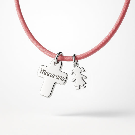 Collar Cruz plata con niña adicional cordón Personalizado HOPS regalo para niñas y comunión