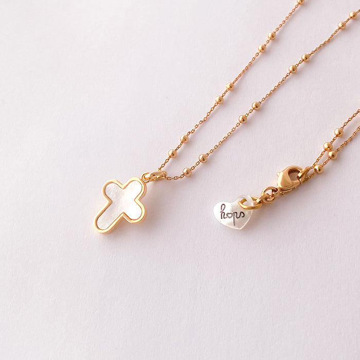 Collar Cruz oro y Nácar cadena bolitas 42cm Personalizado HOPS regalo para mujeres bautizo comunion 