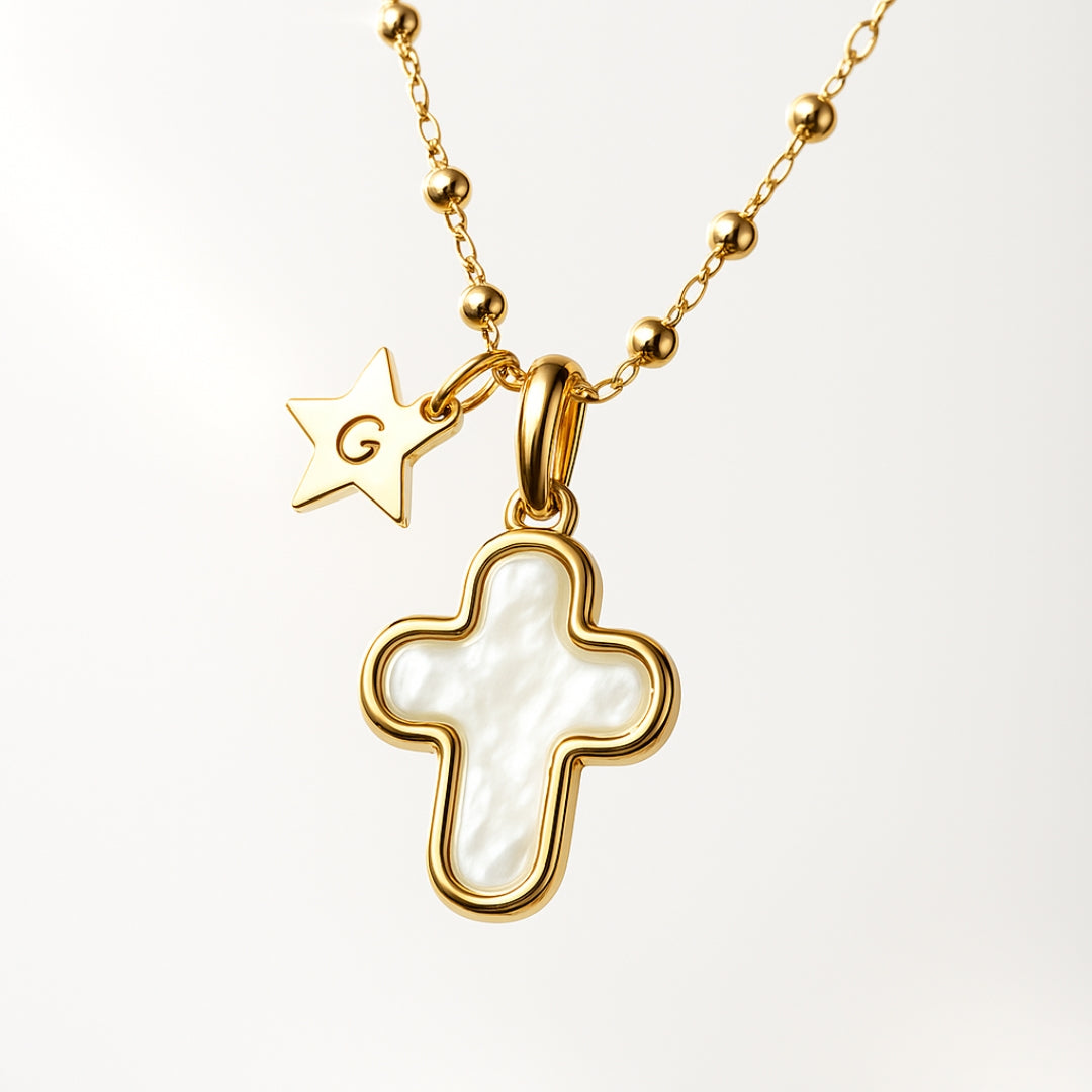 Collar Cruz oro y nácar con estrellita adicional con cadena bolitas Personalizado HOPS regalo para mujeres y comunión