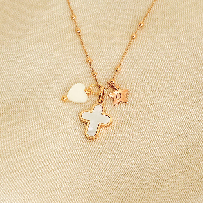 Collar Cruz oro y nácar con estrellita adicional y corazón nácar con cadena bolitas Personalizado HOPS regalo para mujeres y comunión