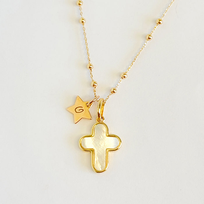 Collar Cruz oro y nácar con estrellita adicional con cadena bolitas Personalizado HOPS regalo para mujeres y comunión