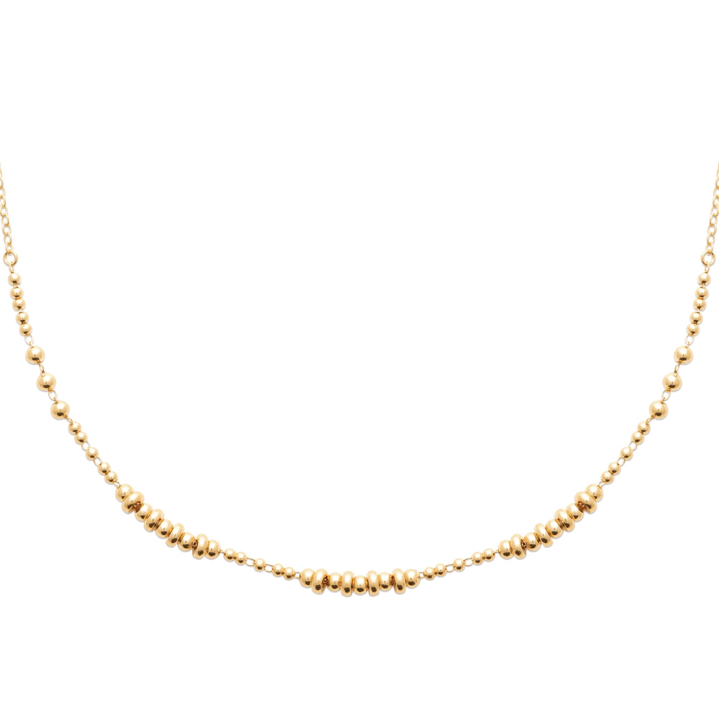 Collar luminoso de cuentas con un baño de oro fino de 18 quilates. Muy resistente.