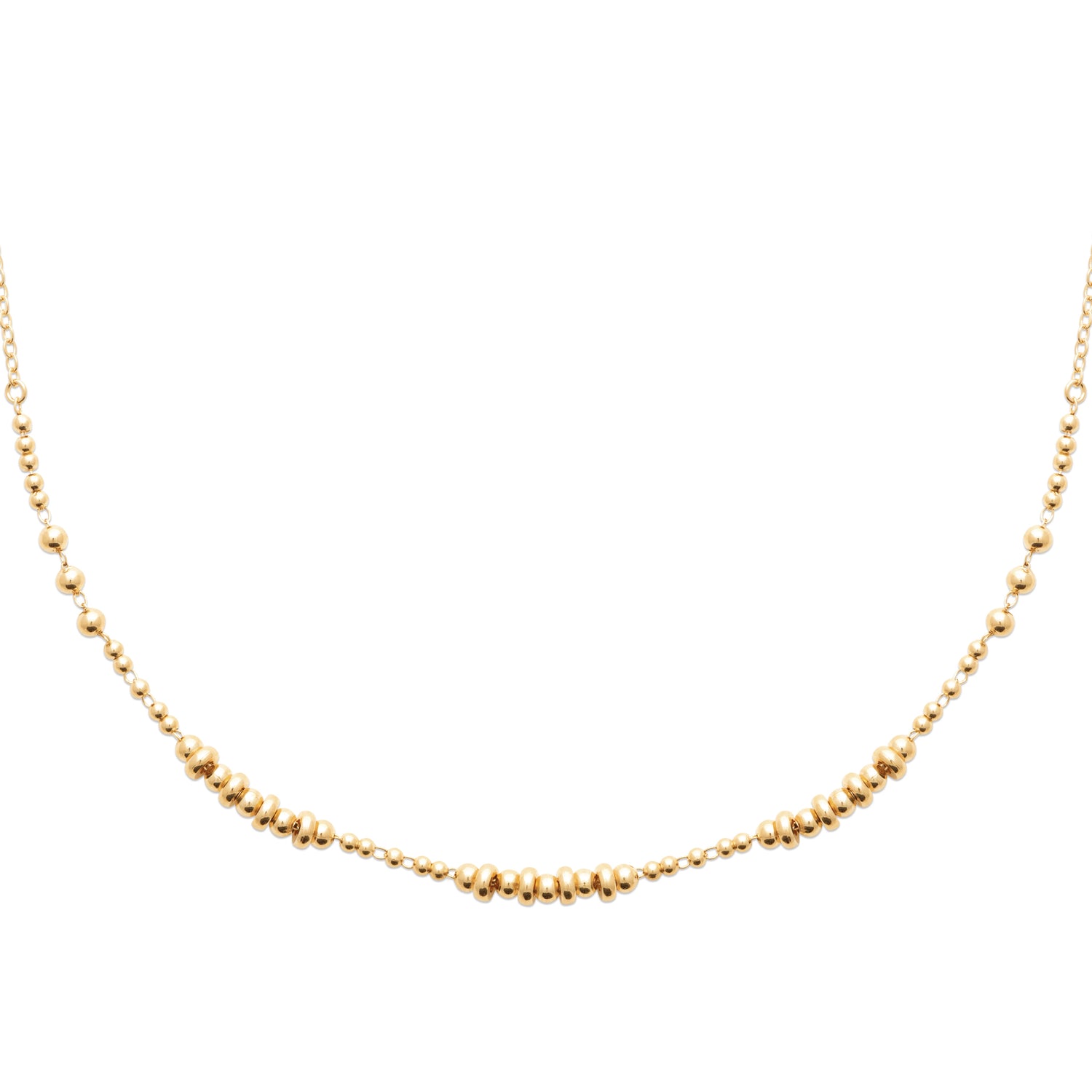 Collar luminoso de cuentas con un baño de oro fino de 18 quilates. Muy resistente.