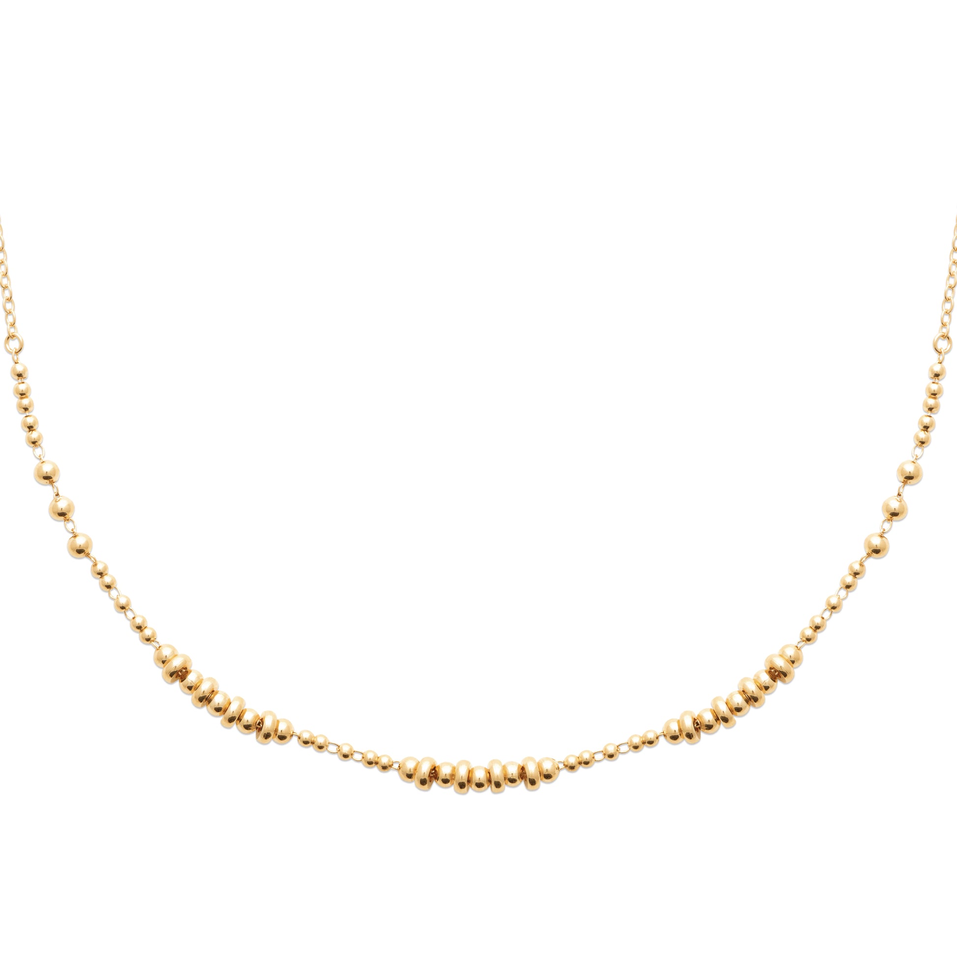 Collar luminoso de cuentas con un baño de oro fino de 18 quilates. Muy resistente.