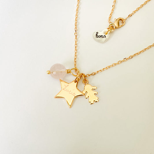 Collar Little Star con figurita niña añadido oro cadena con cuarzo rosa Personalizado HOPS regalo para mamá y niñas 