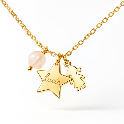 Collar Little Star con figurita niña añadido oro cadena con cuarzo rosa Personalizado HOPS regalo para mamá y niñas 
