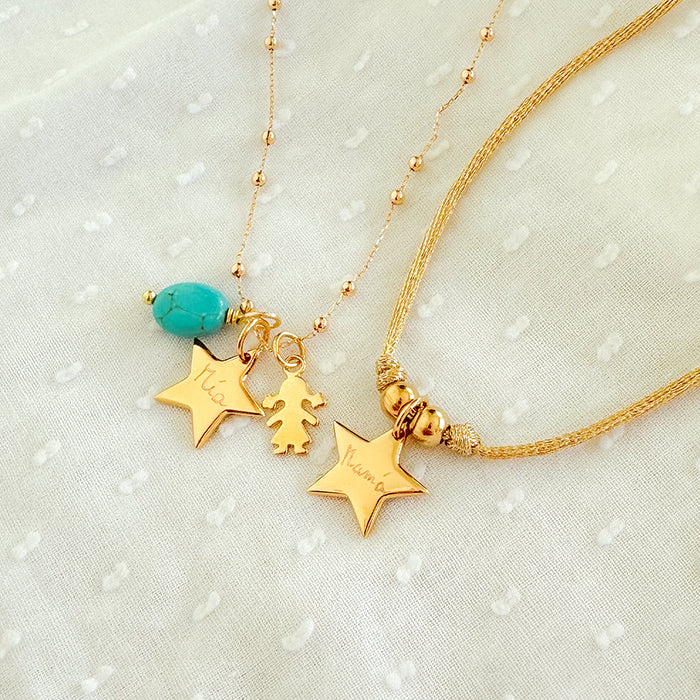 Collar Little Star oro con figurita niña añadido y turquesa cadena bolitas y Little Star con cordón Personalizado HOPS regalo para mamás y niñas 