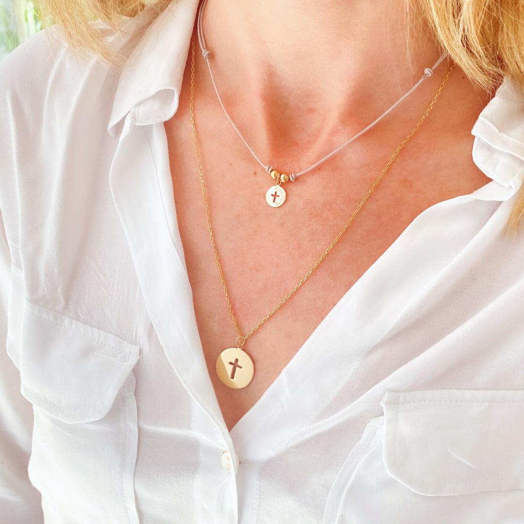Collar Cruz calada pequeña oro con cordón y Collar Cruz calada grande oro con cadena 55cm Personalizado HOPS regalo para mujeres niñas comunión