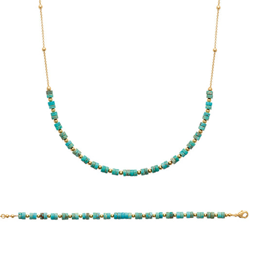 Collar o Pulsera turquesas con cadena de bolitas oro