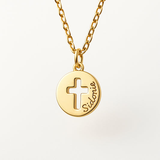 Collar Cruz calada pequeña oro cadena Personalizado HOPS regalo para mujeres niñas comunión